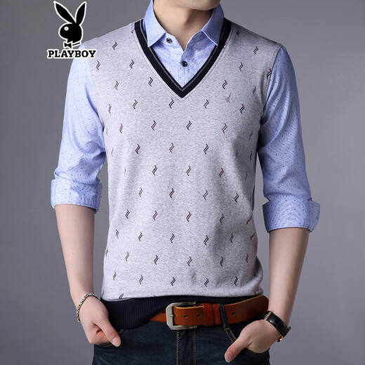 
Playboy spring long-sleeved T-shirt men's cotton T-shirt middle-aged and young people's large size T-shirt base shirt men's thin fake two-piece clothes autumn clothes 3878 red 165/M