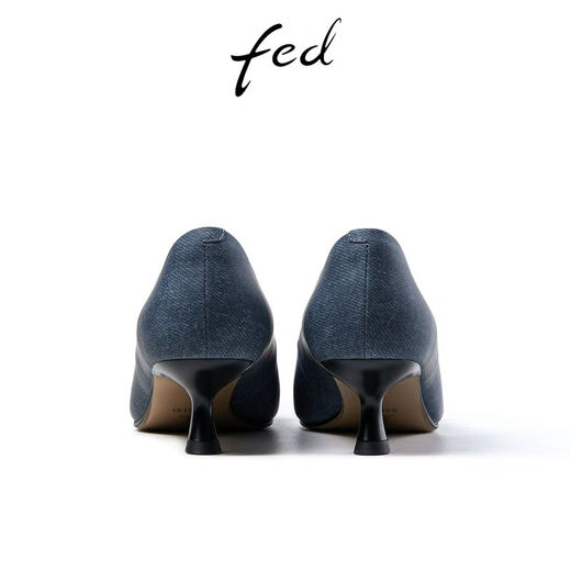 FED浅口单鞋秋季新款女鞋时尚拼色链条尖头高跟鞋女款R0814-YA723 蓝色 35