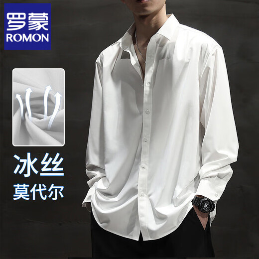 罗蒙（ROMON）夏季冰丝薄款白色长 短袖衬衫外套男大码宽松免烫垂感衬衫 黑色【冰丝短】844 2XL 适合140-160斤