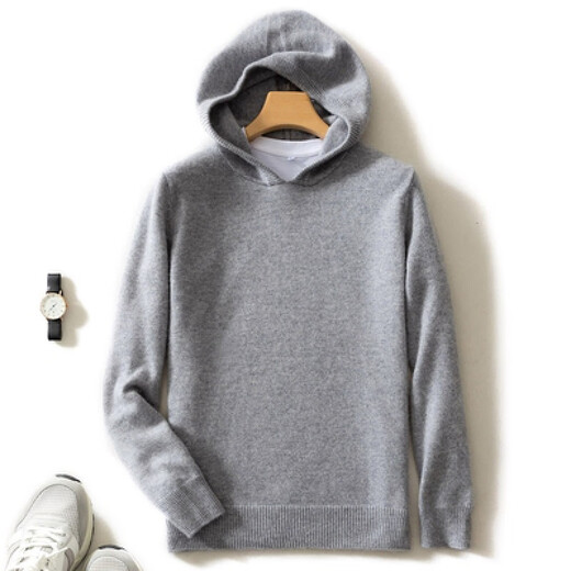 KAISENSHI Ordos City 2024 new pure cashmere men's hoodie sweater long-sleeved casual knitted sweatshirt thickened model produced in Ordos City - light gray without pockets XD M