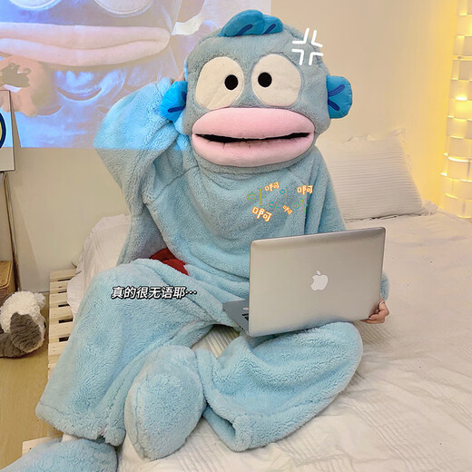 Hanton Ugly Fish Cute and Funny One-piece Couple Pajamas Women's Autumn and Winter Thickened Coral Fleece Hooded Men's Home Clothes Clown Fish One-piece XL 170-175CM