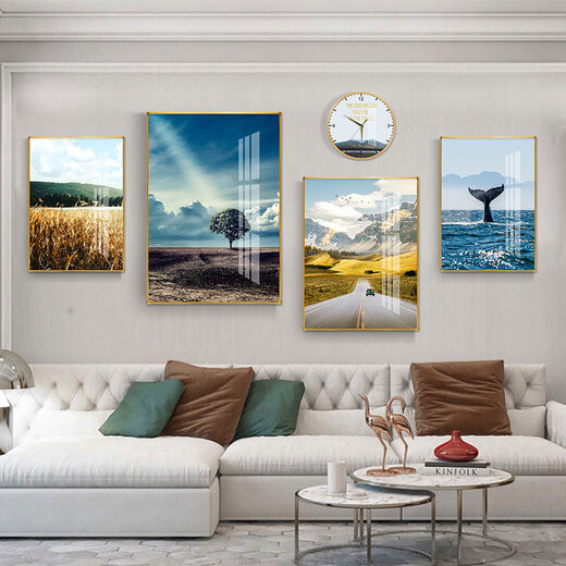 摩琥（mohu）客厅装饰画沙发背景墙壁画现代简约风景山水画电视墙高档新款挂画 海阔天空15931(含挂钟) 钢化晶瓷大组合-黑框