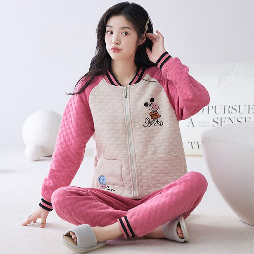 芊之雅（QIANZHIYA）睡衣女生秋冬季加厚纯棉夹层长袖家居服加棉空气棉保暖薄夹棉套装 MFT-15276# 女M/160