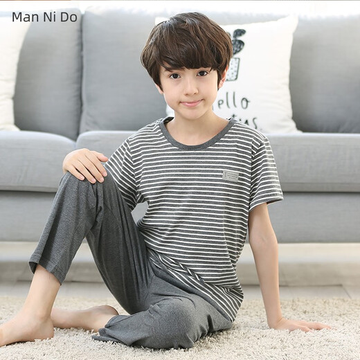曼妮朵睡衣男款夏季纯棉短袖长裤薄款男孩2024年新款男士大童青少年家居 N9926【短长】 S码建议145-155cm