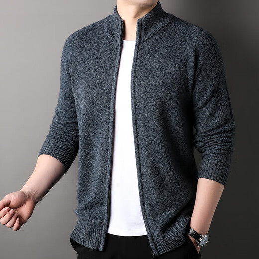 Hengyuanxiang 100% pure wool sweater men's zipper cardigan sweater thickened knitted sweater jacket Korean style autumn and winter half turtleneck men's clothing Navy L 175/50/110