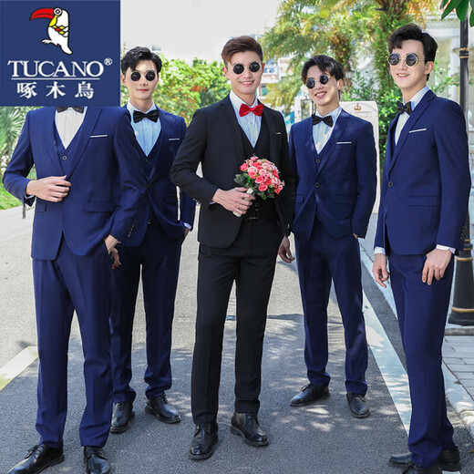 
Woodpecker groomsmen's best suit white shirt brother group clothes wedding suit dress men's suit vest strap summer shirt clothing black trousers + short-sleeved shirt XL
