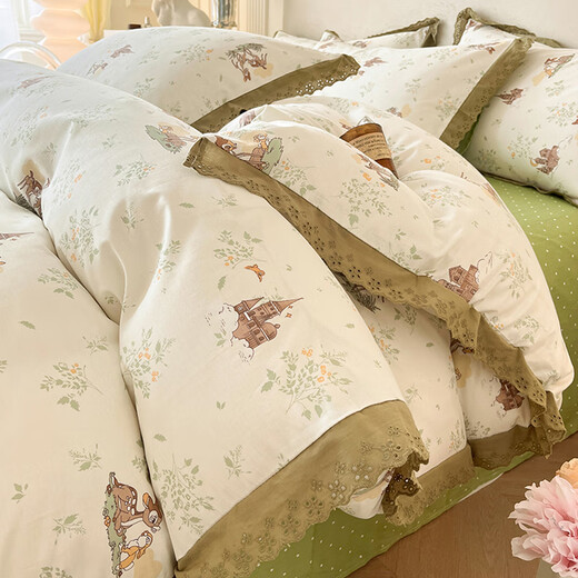 Green dyed light luxury pure cotton bed four-piece set, pure cotton European princess style bedding sheets, fitted sheets and quilt cover L Forest Fawn-Ruffle Xinjiang cotton fabric 1.2m bed bed sheet three-piece set suitable for 150x20