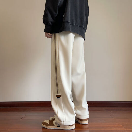 Katuchi American style velvet thickened striped casual pants for men in autumn and winter loose trendy straight wide-leg sports sanitary trousers beige-velvet XL recommended 130-150Jin Jin equals 0.5 kg