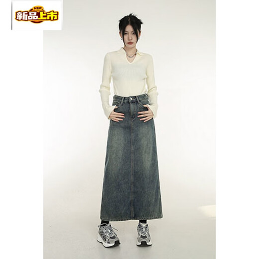 Chu Jing Retro Blue Velvet Slit Denim Skirt Women's Winter Hot Girl Slim High Waist Versatile Mid-Length A-Line Skirt Retro Blue Velvet S