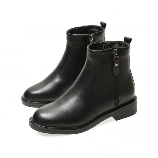 百丽踏靴子女短靴加绒马丁靴百搭平底女靴大码41秋冬皮女鞋裸靴 黑色厚绒 37