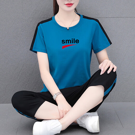 NY-EMMA运动套装女短袖夏季棉质休闲时尚中年洋气减龄广场舞跑步服两件套 689卡其（七分裤套装） XL(建议110-125斤)