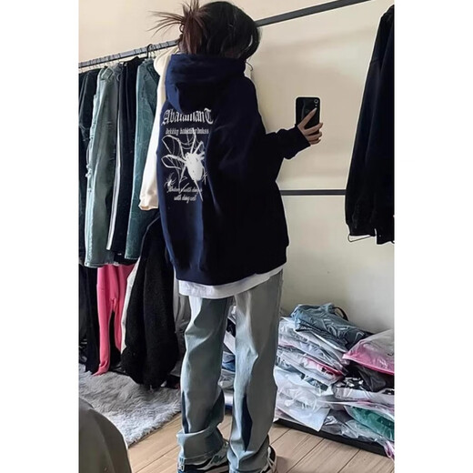 Qiao Shitongs neuer amerikanisch bedruckter Kapuzen-Sweatshirt für Frauen losen lässige, vielseitige Tops Trendy Ins plus Samt verdickte R12161 White-Plus Fleece M