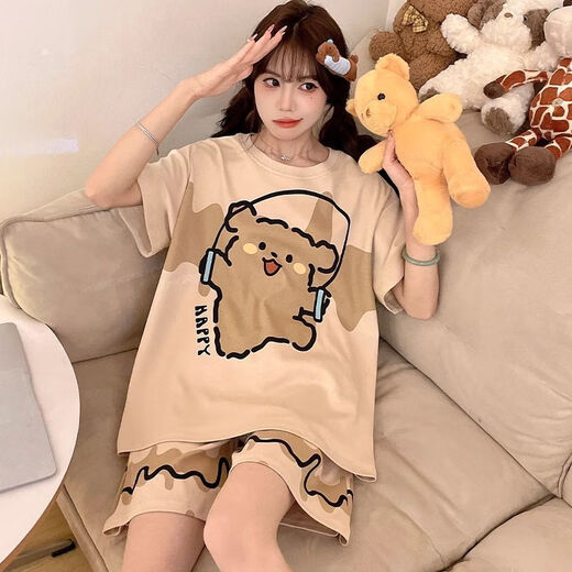 趣依瑶线条小狗短袖睡衣女夏加肥加大码少女可爱卡通圆领家居服套装便宜 693黑笑脸【单套】 M 码建议【7095斤】