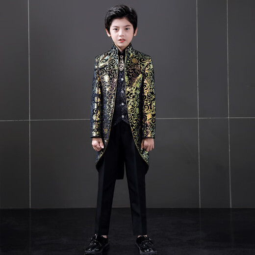 Jungenkleid Tutex Jungen Anzug Set New Children's British Show Host Piano Show Winter Dark Flower Tuxedo + Hemd + Weste + Hosen + Fliege 130 cm (130 cm (empfohlenes Gewicht 50-59jin [Jin gleich 0,5 kg]))))