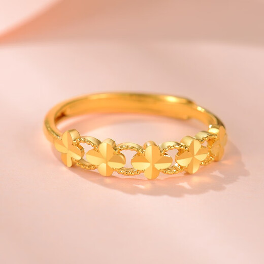 18k gold ring women's new 18K gold four-leaf clover style gold opening adjustable 3D hard gold plain gold four-leaf clover ring (adjustable)