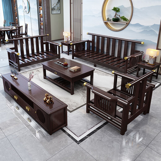 No. 1 Haoting Solid Wood Sofa Modern Chinese Rubber Wood Single and Double Three-person Small Apartment Combination Living Room Furniture New Model 9901# Five-person Seat + Guifei + Drawer Coffee Table [Frame] Cotton and Line Cloth Cover