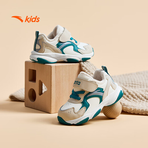 ANTA children's cotton shoes for boys and girls, 2025 winter velvet warm snow anti-slip Velcro two-cotton casual shoes for boys, white/chalk/green 0056-2 26, foot length about 16cm