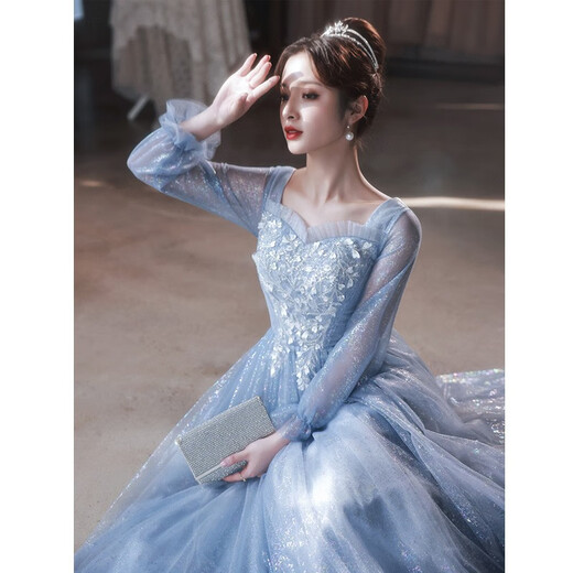 
Seidler blue evening dress for women 2025 new banquet temperament long sleeve light luxury niche high-end performance art exam skirt blue L