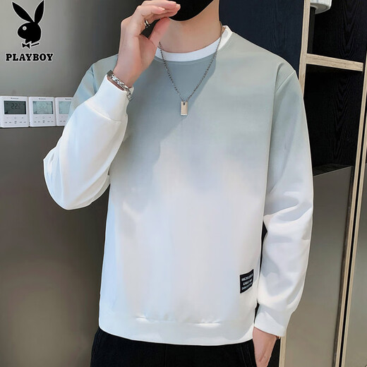 Playboy (PLAYBOY) sweatshirt men's autumn and winter long-sleeved T-shirt men's casual loose trendy jacket men's tops white gray XL