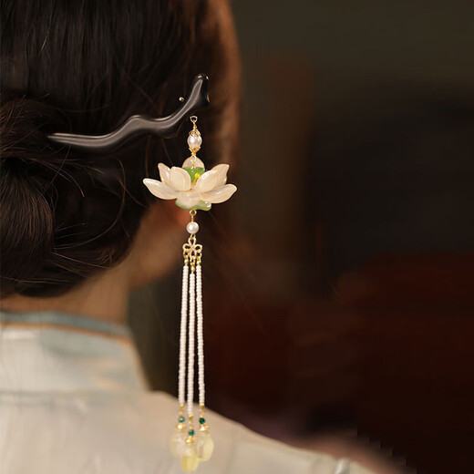 Qianbaolai ancient style lotus imitation pearl tassel hairpin national style niche back head hairpin fashion high-end hairpin hairpin - black