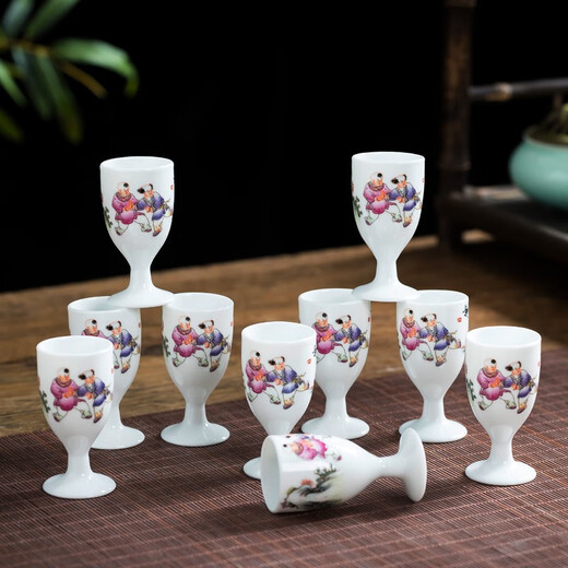 Tao Qinquan white wine cup, ceramic goblet, wine set, small wine cup, Jingdezhen blue and white porcelain, Fortune Lotus 10 wine glasses