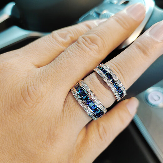 Fat Donglai's same moissanite diamond ring for men, sapphire ring for men, single row of diamonds, imitation tanzanite silver, platinum plated, customized full circle narrow version, default blue - 10~15 days