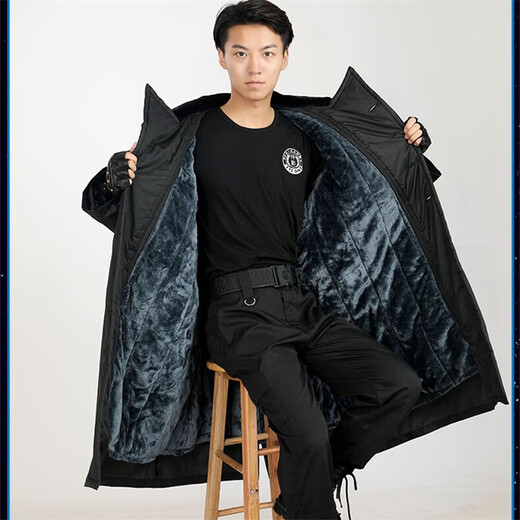 Kuangqi Extra Long Military Coat Service Coat Winter Men's Coldproof Cotton Coat Thickened Detachable Labor Protection Waterproof Coat Black Velvet Coat Extra Long With Hood Extra Long 135cm