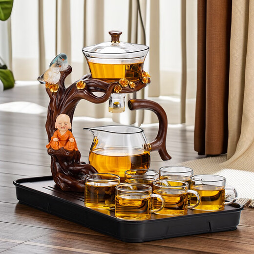 Tao Yao 2024 new tea set set lazy tea making artifact glass automatic teapot tea cup household kung fu tea tea set sitting Buddha six cup set + tea tray 1 piece