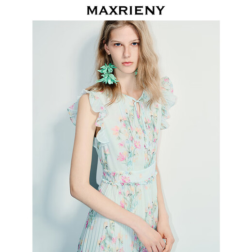 Maxrieny [Gleiches Modell in Fang Yuan] Blue Stern Blumenkleid elegante kleine fliegende Ärmel Falten Temperament Taille-Close Long Kleid Sommer Beige M.
