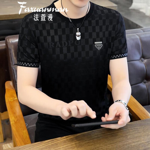 法萱漫轻奢高端 冰丝短袖t恤男夏季新款圆领提花烫钻休闲宽松大码上衣男 795 白色 M 95-115斤