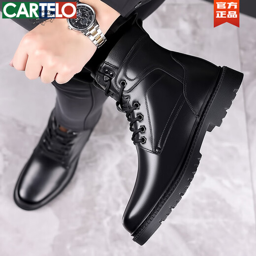 卡帝乐鳄鱼（CARTELO）马丁靴男士真皮羊毛保暖棉靴高帮头层牛皮工装户外加厚雪地靴冬季 3518 黑色【皮毛一体 平底款】 38