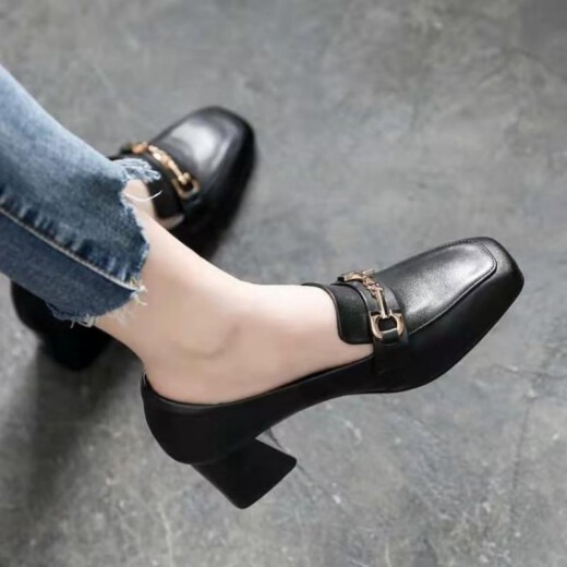 Dadong Ms. 2024 Soft Leather Loafers Women's High Heels Thick Heels Buckle Small Leather Shoes Medium Heels Fashion Versatile Shoes Women Black 36
