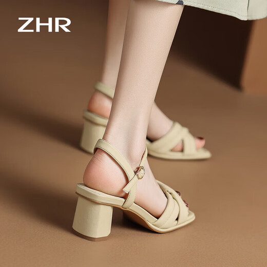 ZHR凉鞋女夏季优雅一字带粗跟女鞋温柔纯色高跟鞋子女 Y683 浅黄 36 