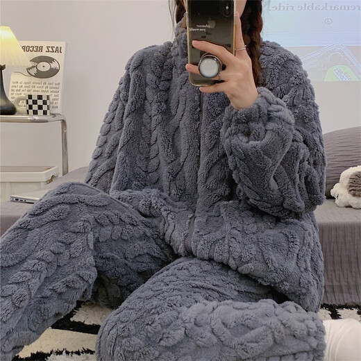 加绒睡衣女秋冬保暖加厚珊瑚绒家居服开衫拉链简约纯色法兰绒套装 HS983米白提花拉链 M
