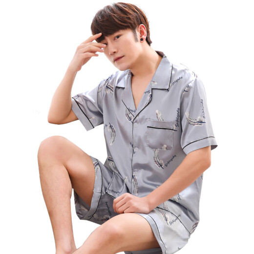 Antarctic Pajamas Men's Summer Thin Simulated Silk Ice Silk Short-Sleeved Shorts Cardigan Lapel Can Be Weared Outside Men's Casual Simple Home Clothes Suit Men's Silver Gray Feather XL