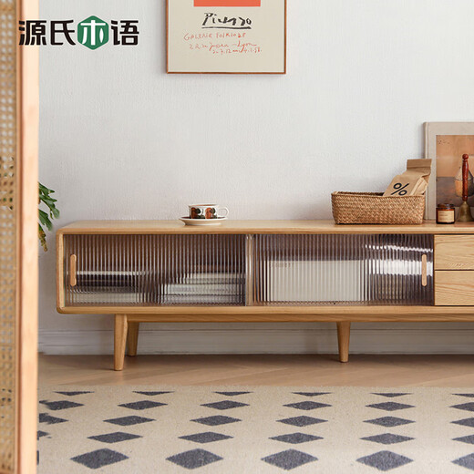 Genji Muyu solid wood TV cabinet modern living room oak home storage cabinet walnut glass sliding door TV cabinet 2.2 meters