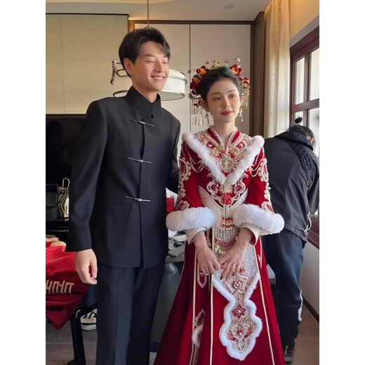 FANDISS Wedding Engagement Dress Casual Suit Men's Jacket Autumn New Chinese Tunic Suit Stand Collar Metal Button Suit Black - Top + Pants XL