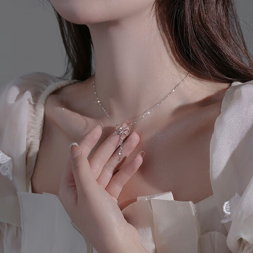 Chaoyu S925 Silver Bow Necklace Feminine Simple Clavicle Chain Small Fresh Forest Style Tassel Necklace Valentine's Day Gift French Bow Necklace