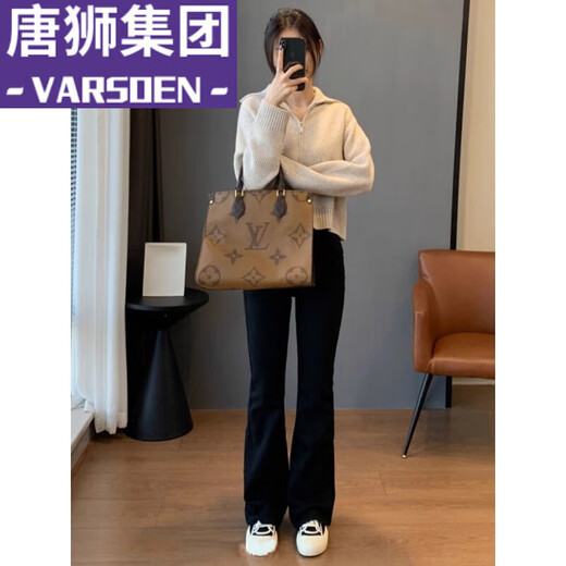 VARSDEN Tangshi Group plus velvet jeans for women in autumn and winter 23 new pear-shaped body high waist slim and elastic trousers black slightly flared nine-point [adding plus velvet thickened] L 106-115Jin [Jin equals 0.5 kg]