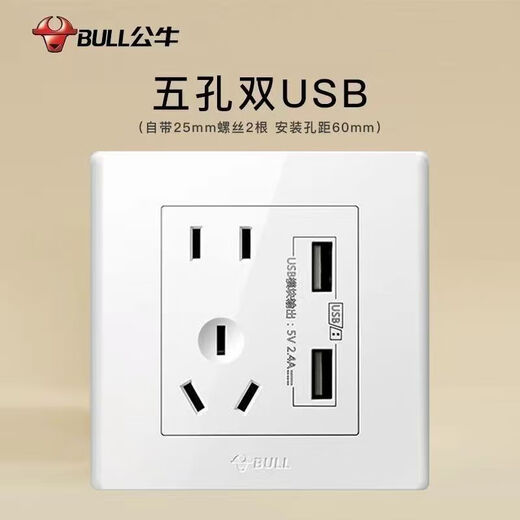 公牛家用双口USB插座带5五孔面板电源手机充电墙壁86型暗装墙壁插座 白色二位USB五孔10A