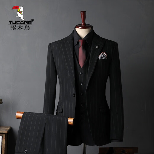 Woodpecker (TUCANO) Striped Suit Men's Full Groom's Suit British Style Groomsmen's Clothes Business Formal Wedding Suit Men's Black (Suit+Vest+Trousers) XL 52 (125-135Jin Jin equals 0.5kg)