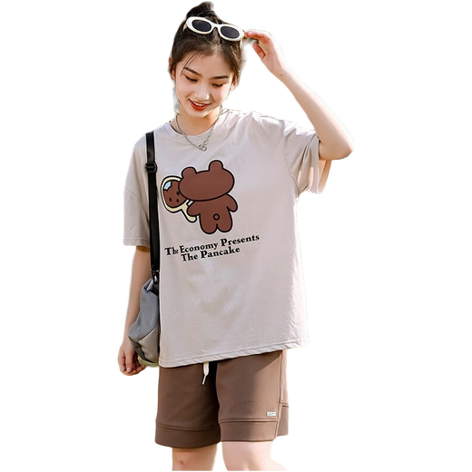 方糖姑娘休闲宽松2025夏季薄新款少女中大童初高中学生短袖T恤可爱印花 5021DYR灰短袖+5035咖色短裤 2XL