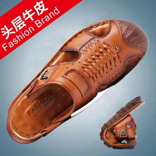 Kachi Wolf Bag Head Sandals Herren Sommer Echtes Leder Nicht-Schlupf-Rindfleisch-Sehne Sohle Dual-Purple-Vater mit mittleren und älteren Kopfschicht Cowide Beach Schuhe Pantetten 686 Gelb 43