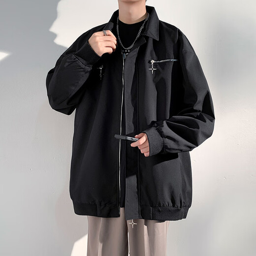 Foss Phil American lapel jacket for men in spring, autumn and winter, trendy loose and handsome Korean style design casual jacket tops MYY-MYJ23-752 black L recommended 125-145Jin Jin is equal to 0.5 kg