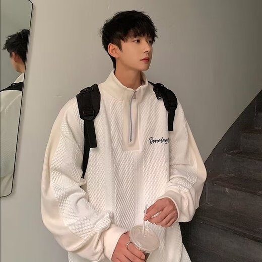 依慕琪POU卫衣男春秋季Polo衫美式高街学院风立领半拉链宽松高领运动外 jcf-679白色 均码  M