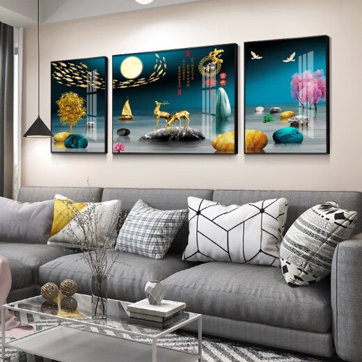Tongdi Neues chinesisches Wohnzimmer Dekoration Malerei Sofa Hintergrund Wandmale moderne einfache Villa Hall Landschaft Malerei Dreifach hängende Gemälde 1 Familie und alles geht gut 12122 80*60 in der Mitte 40*60 auf beiden Seiten 40*60 schwarzer Rahmen (Kristallporzellanbilder)