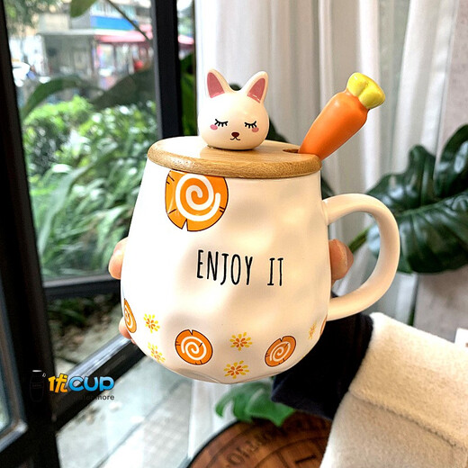 Poppy Bear Cute Cartoon Rabbit Ceramic Mug with Lid Spoon Carrot Girls Breakfast Office Oatmeal Milk Water Cup Wood Grain Carrot + Wooden Lid + Carrot Spoon 1 piece 400ml