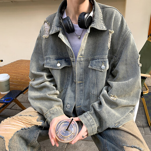 Shelley Jones美式高级感牛仔外套男士春秋季新款痞帅破洞夹克潮牌潮流休闲衣服 复古蓝 XL [建议125-145斤]