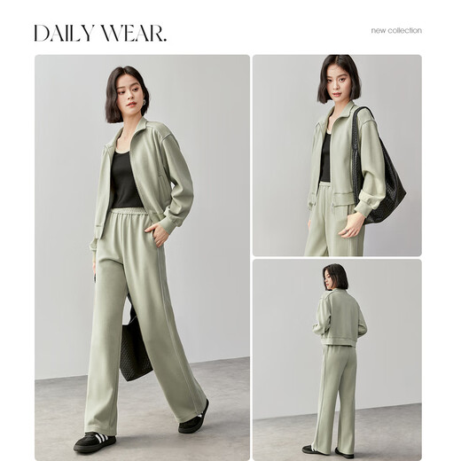 Shandubila Comfortable Casual Contrast Color Stand Collar Sweatshirt Spring and Autumn Short Straight Pants Knitted Cotton Suit Elm Green L