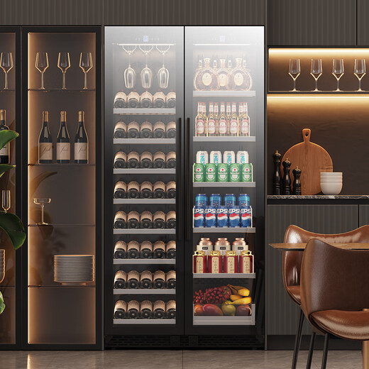 BAIKAILUN double-door thermostatic wine cabinet with double-door door ultra-thin and can be embedded in air-cooled frost-free thermostatic wine cabinet office household tea beverage liquor wine fruit preservation refrigerated display cabinet 1.8 meters dual temperature red wine + ice bar style 105 bottles thin style